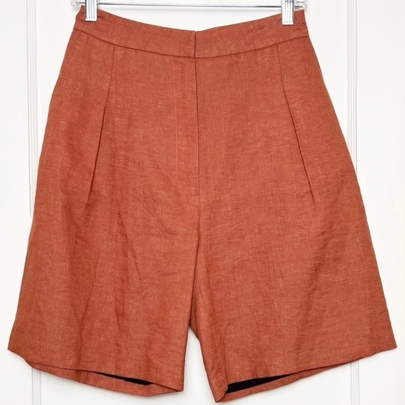 NWT ITMFL Linen Terracotta High Rise Press-Crease Pleated Wide Leg 8” Shorts S - Picture 7 of 14
